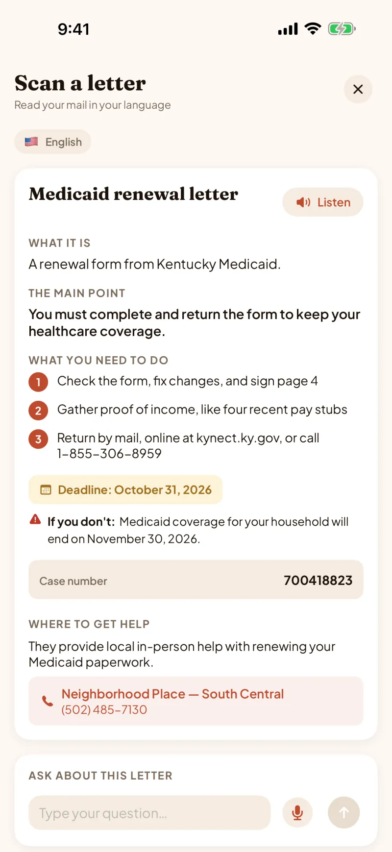 The app explains a letter in one short card: what it is, the main point, three steps to do, the deadline, the case number, and a local office to call for help.