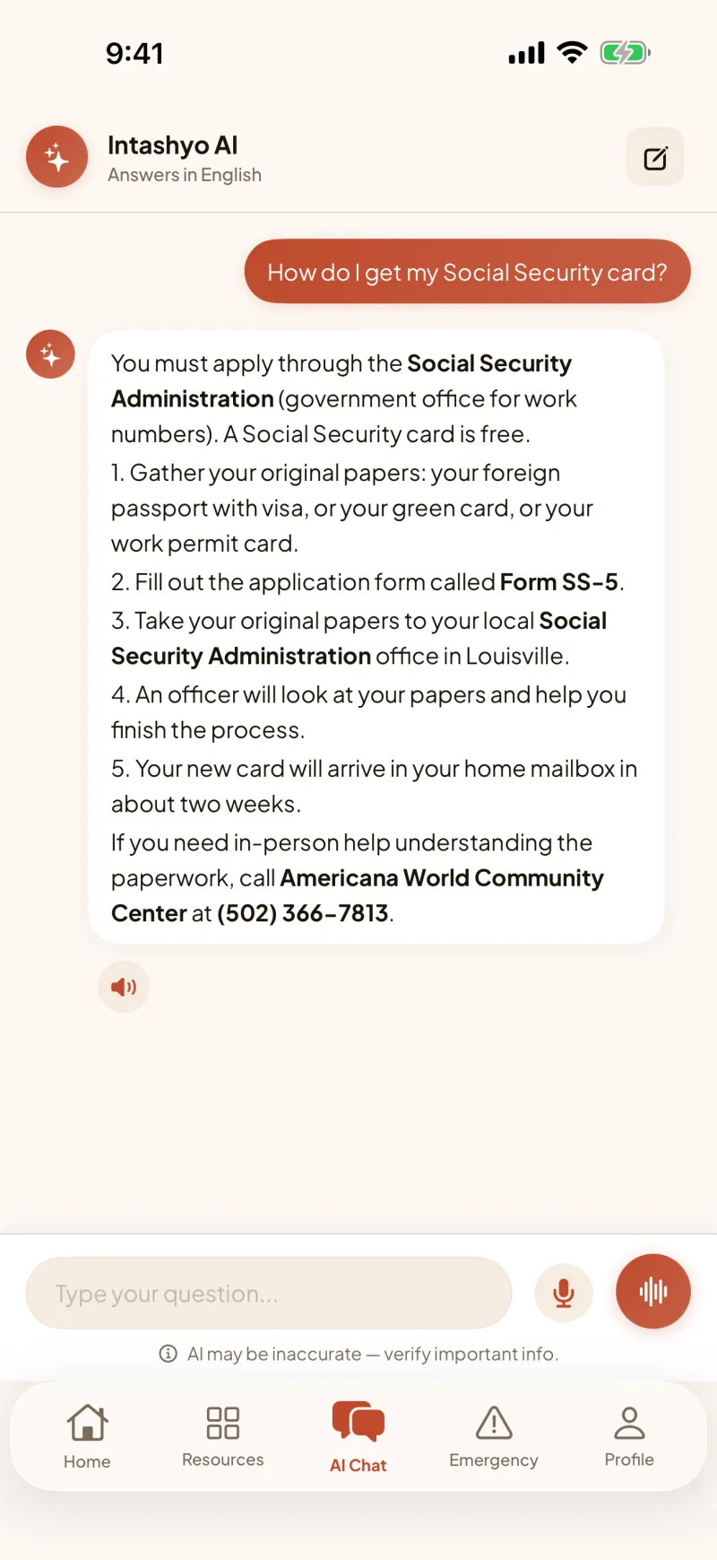The AI chat answers “How do I get my Social Security card?” with five simple steps and the phone number of a local community center.