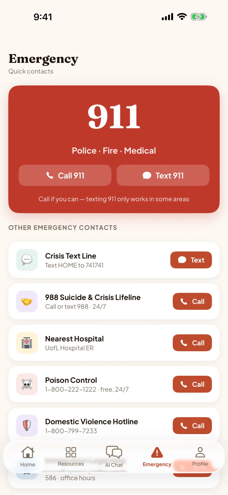 The Emergency screen: a large button to call or text 911, then the Crisis Text Line, the 988 Suicide and Crisis Lifeline, the nearest hospital, Poison Control and the Domestic Violence Hotline.